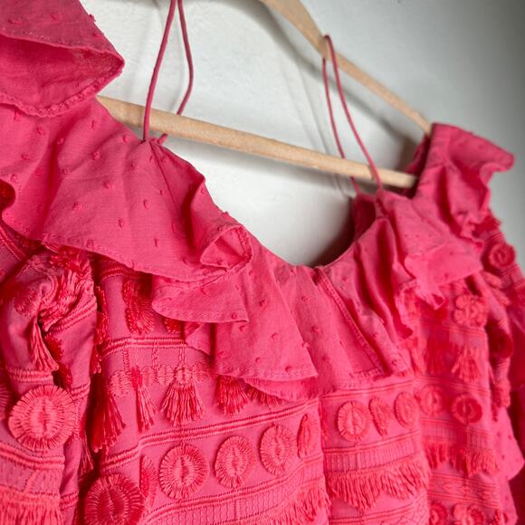 Alexis Calypso Ruffled Off Shoulder Rouge Coral Pink Embroidered Mini Dress XS - Picture 5 of 16
